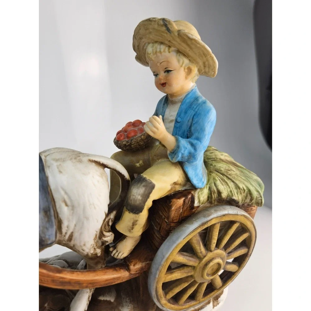 Vintage Set of 2 Donkey Cart Figurines Man Boy Far Donkey Scene‎ Rustic See Desc